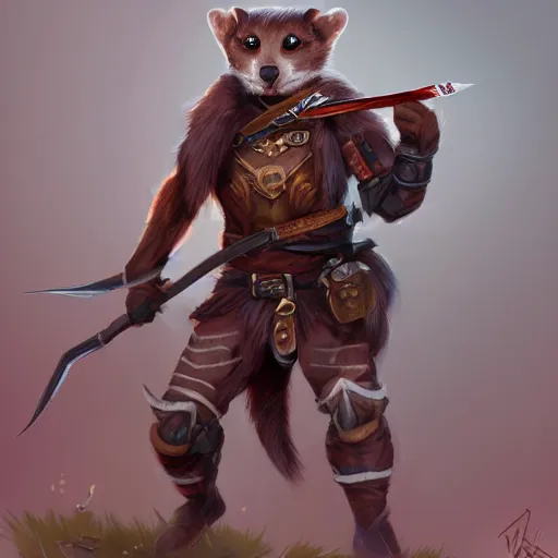 Image similar to a valiant weasel wearing a fantasy ranger outfit, fighting against the invading mice, furry art, artstation, 4k
