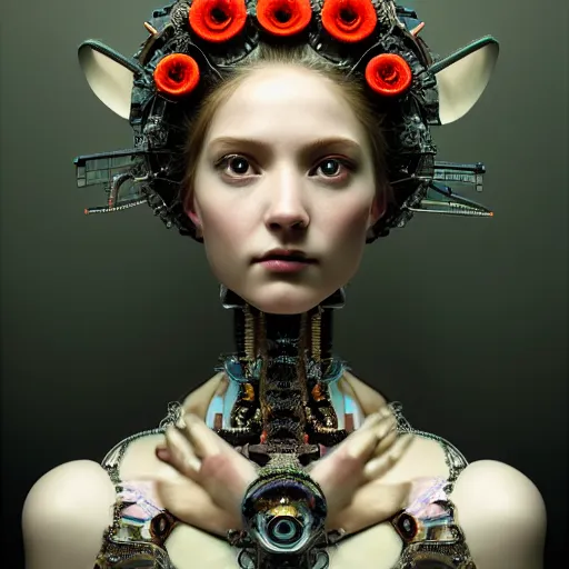 Prompt: portrait of the beautiful young robotic goddess of poppy, surreal, fantasy, intricate, mechanical, elegant, dramatic lighting, emotionally evoking symbolic metaphor, highly detailed, gears, lifelike, photorealistic, digital painting, painterly, artstation, concept art, smooth, head in focus, sharp focus, illustration, art by John Collier and Krenz Cushart and Artem Demura and Alphonse Mucha and Albert Aublet,