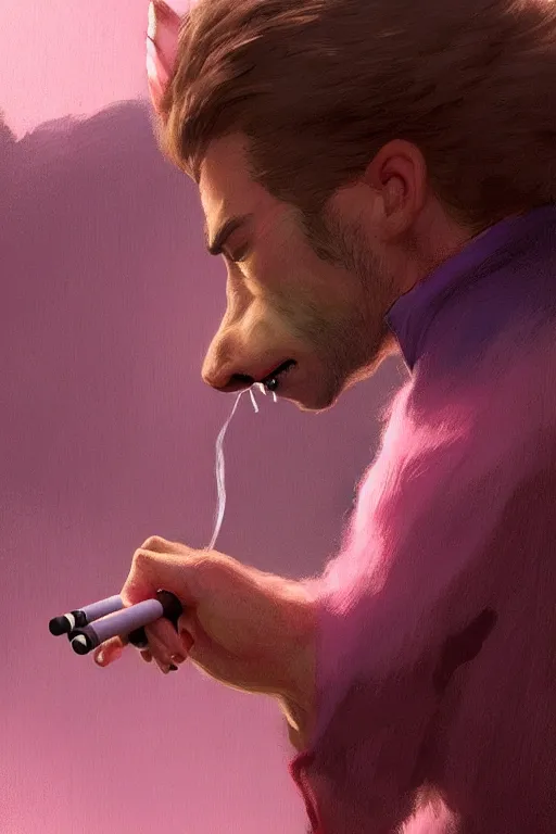 Image similar to realistic antropomorphic sad wolf wearing pink shirt and smoking cigarette, digital painting, artstation, concept art, smooth, sharp focus, illustration, art by kezie demessance, artgerm, james jean, jean giraud, edward hopper, gaston bussiere and greg rutkowski