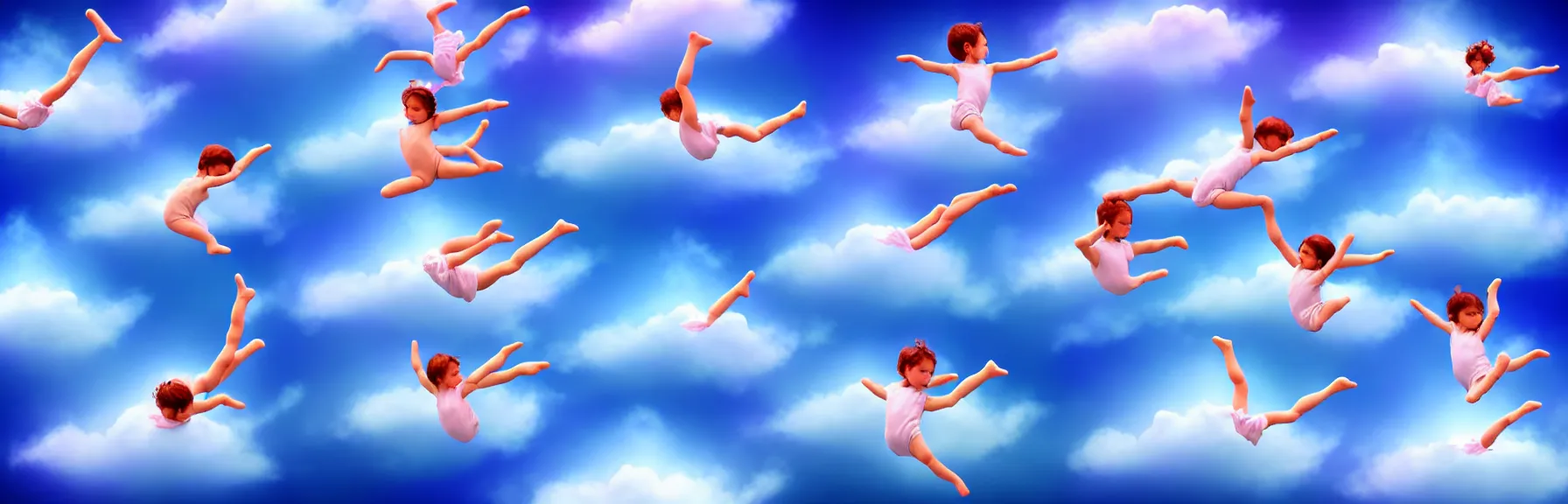 Image similar to multiple beautiful angels swimming in the cloud in acrobatic poses; dreamy sky, ultrarealistic, photorealistic, 8K