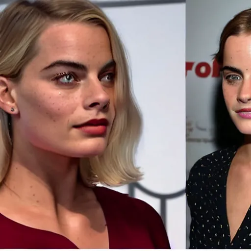 Image similar to a woman who is a genetic combination of margot robbie and emma watson face and upper - body focus