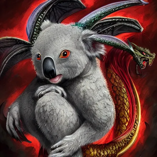 Image similar to a koala as a dragon, scare, highly detailed face, full body, fantasy art, monster art, style of masami kurumada, illustration, epic, fantasy, intricate, hyper detailed, artstation, concept art, smooth, sharp focus, ray tracing