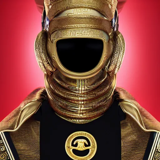 Image similar to portrait of masked dune dynasty with versace clothes, white background, versace logo, 8 k, symmetrical, 3 d render, octane render, insane details