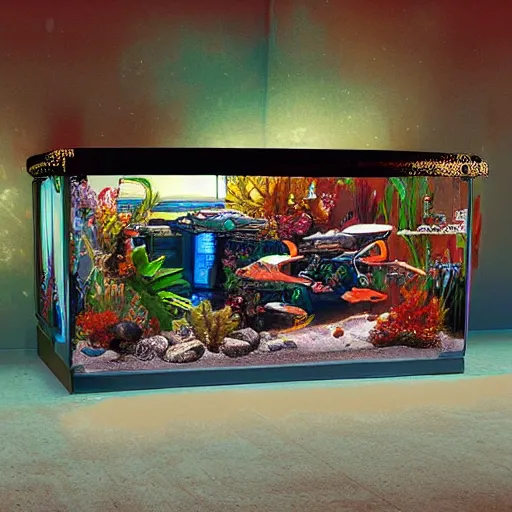 Prompt: painting of syd mead artlilery scifi fish tank with ornate metal work lands on a sidewalk, filigree ornaments, volumetric lights, tomas sanchez