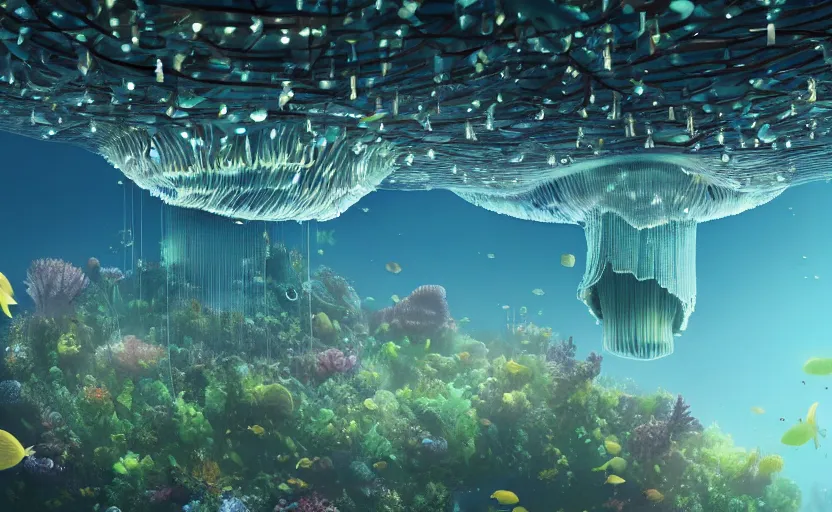 Prompt: A forest city inside of a jellyfish underwater. Fantasy. light fixtures. 8K. detailed. photorealism. artstation. 25mm f/1.7 ASPH Lens. ultra realistic
