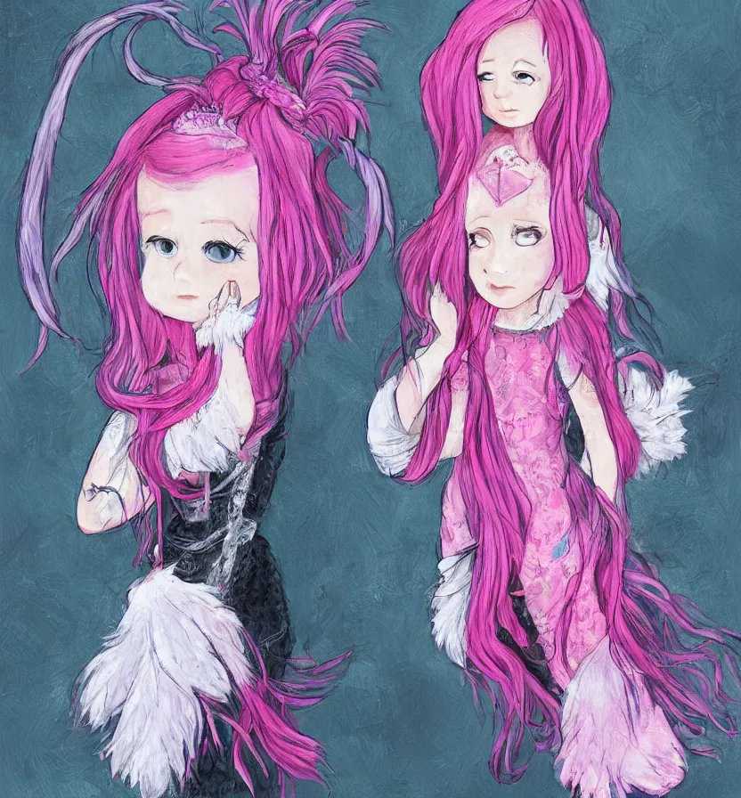 Prompt: little girl with eccentric pink hair wearing a dress made of white feather, art by dcwj