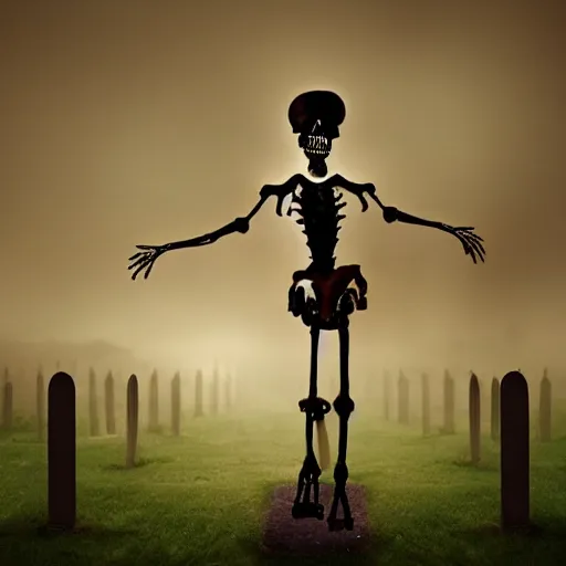 Prompt: A Skelton dancing in a grave yard, gloomy, dark, night time, foggy, dark colored, atmospheric