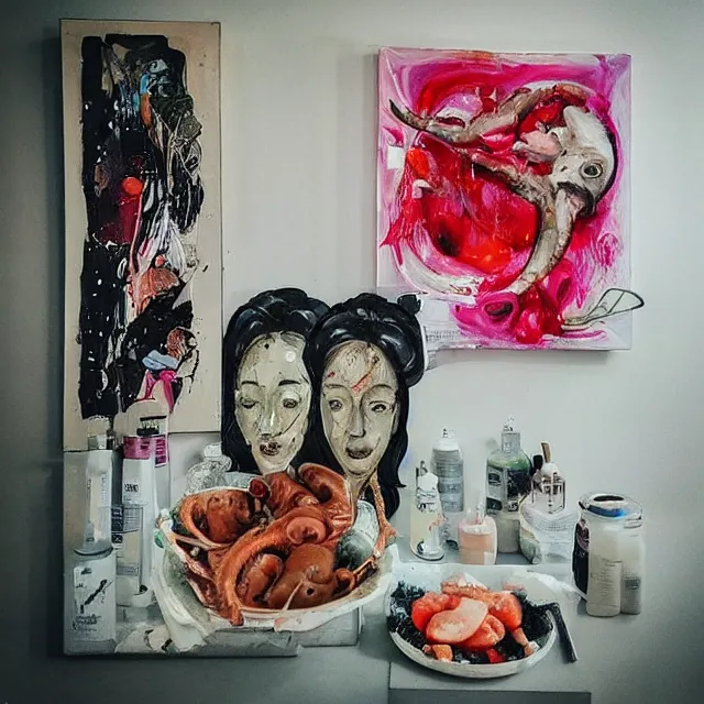 Prompt: “ a portrait in a female art student ’ s apartment, sensual, a pig theme, pork cuts, art supplies, edo, surgical iv bag, octopus, ikebana, herbs, a candle dripping white wax, squashed berries, berry juice drips, acrylic and spray paint and oilstick on canvas, surrealism, neoexpressionism ”