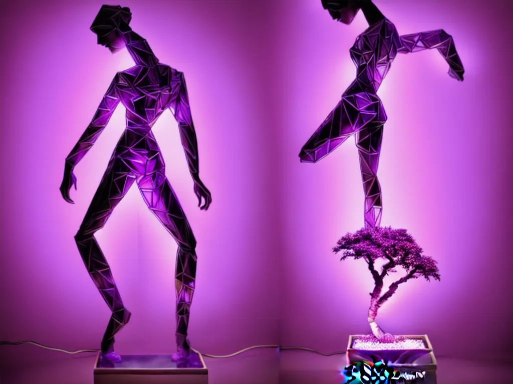 Image similar to beautiful mannequin sculpted out of amethyst by billelis + lit with purple 3 d geometric neon + chrome geometric cubed bonsai plants!!!!, doorway opening with neon pink geometric light, clean linework, dramatic, finely detailed, rule of thirds, moody, confident, award winning, 4 k, trending on artstation, photorealistic, volumetric lighting, octane render