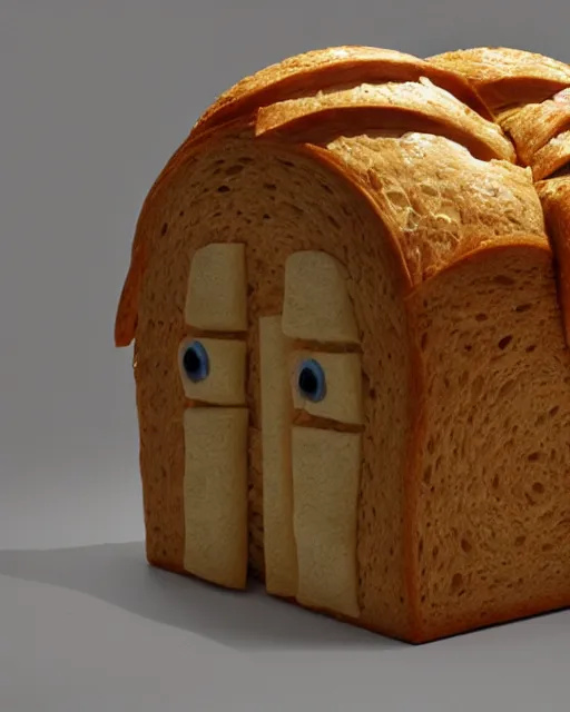 Image similar to detailed creature made of bread, very original, cute and friendly, fantasy house, sitting on the table, high quality, perfect, 8 k high detail, masterpiece, trending on artstation