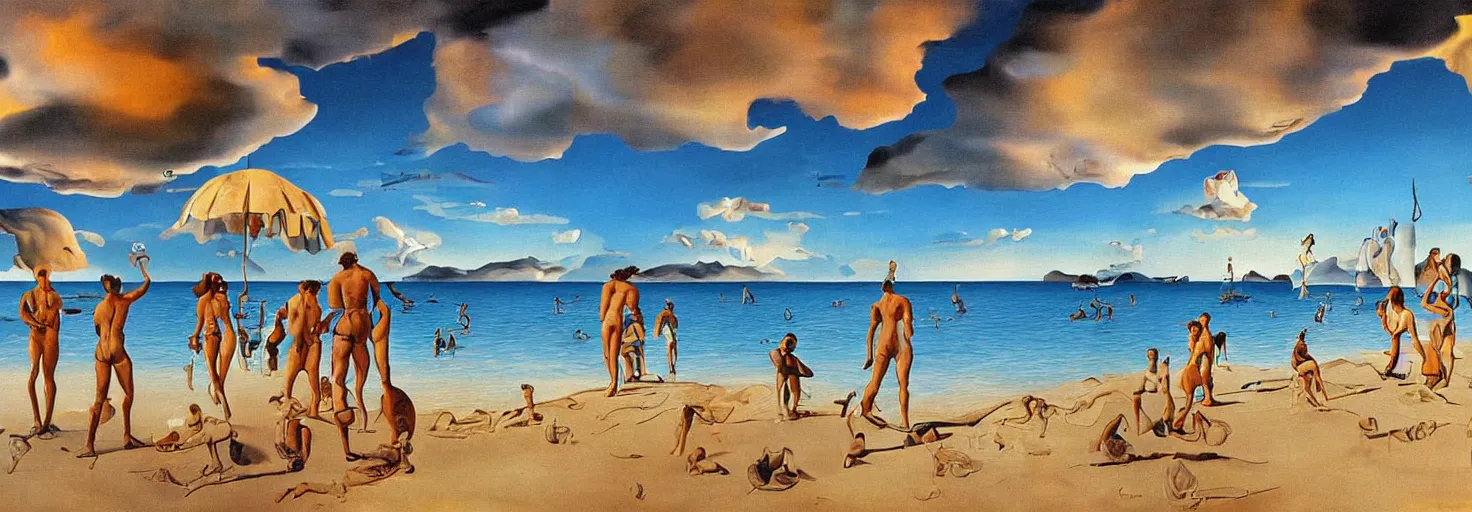 Image similar to People in beach by Salvador Dali and Bob Ross collaboration, mural, sun set, digital art, high details