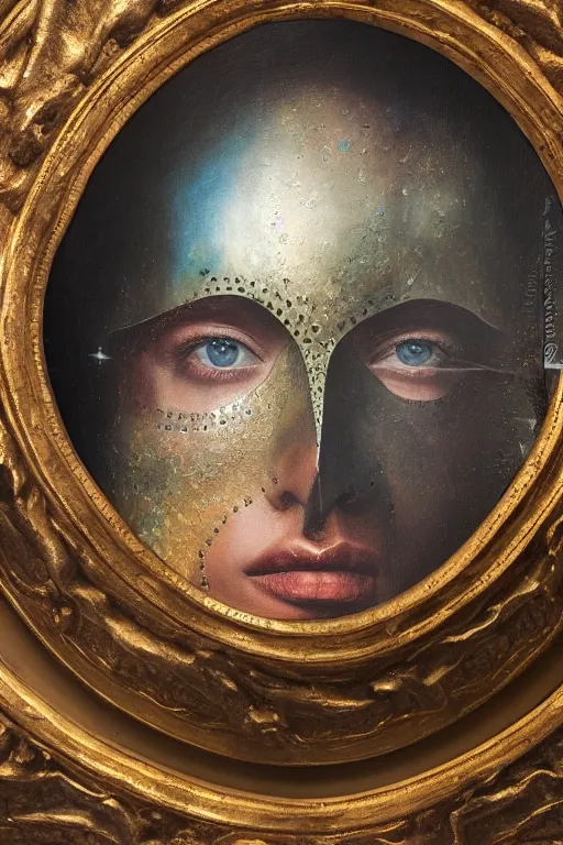 Image similar to hyperrealism oil painting, close - up portrait of face hiding in stingray medieval fashion model, knight, steel gradient mixed with nebula sky, in style of baroque mixed with 7 0 s book art