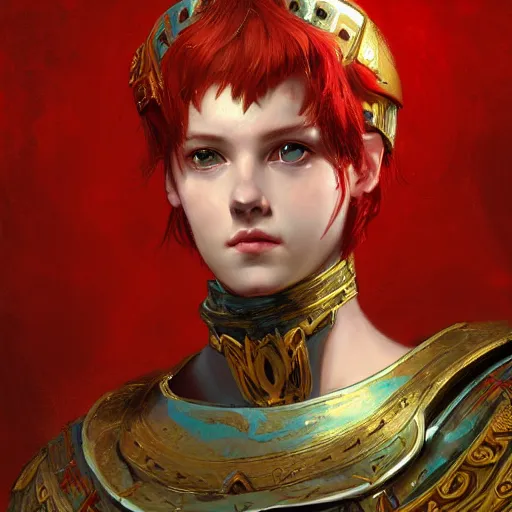 Prompt: portrait of an ancient roman character with red hair in incredible rich ornate armor, by ilya kuvshinov, by thomas lawrence, by bayard wu, trending on artstation, masterpiece