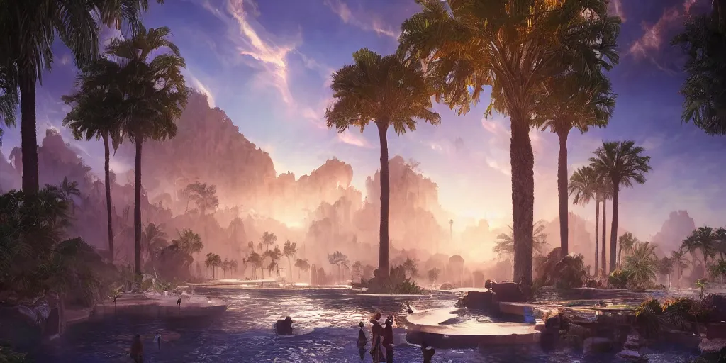 Image similar to beautiful oasis waterfalls surrounded by palm trees moroccan tile archways, date trees, ivory towers sunset peter morbacher ross tran angelarium greg rutkowski alchemy luxury heavenly light soft illumination, trending on artstation cinematic lighting digital painting octane render, artgerm