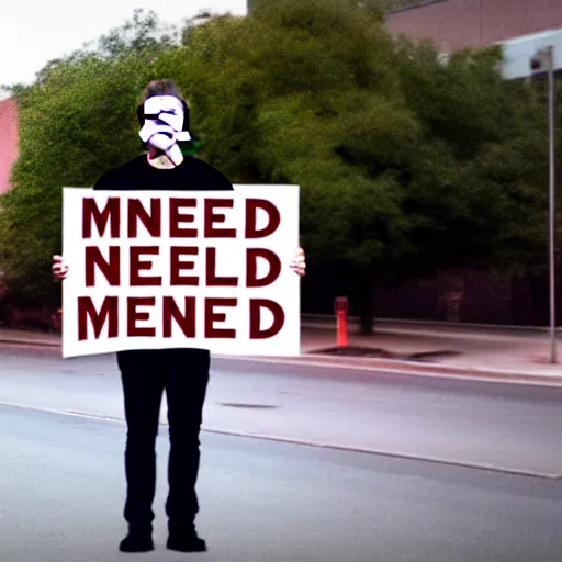 Image similar to elon musk begging money on streets holding sign'need money ', photorealistic, canon 3 5 mm photography