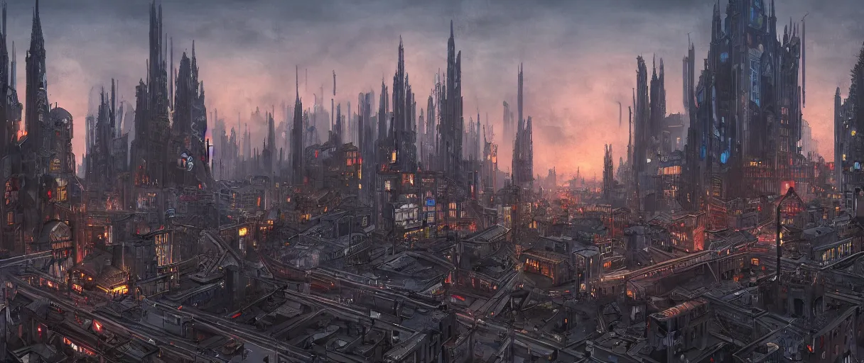 Image similar to digital concept art of dystopian, gothic berlin, high quality, high detail, in the style of Ralph McQuarrie, megacity surrounded by huge impenetrable walls, large hero buildings in the middle towering above the others, tram stations, metro, vivid colours, matte painting, photoshop