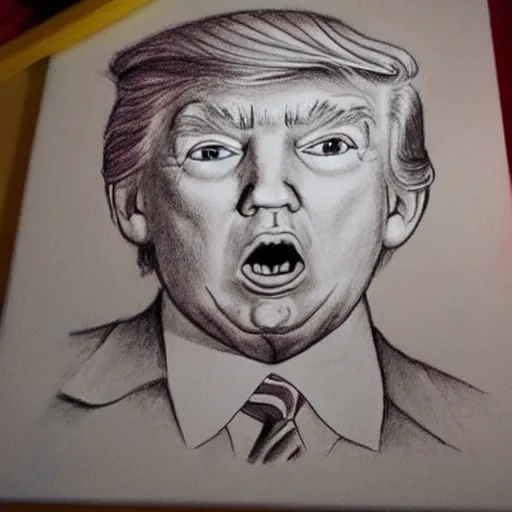 Prompt: a drawing of a 5 year old of Donald Trump, hyperrealistic