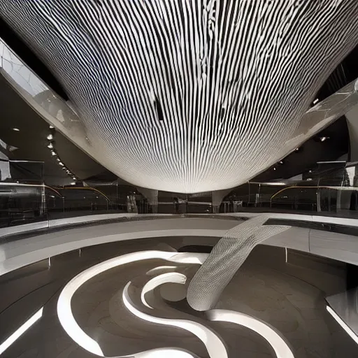 Prompt: extremely detailed ornate stunning beautiful futuristic museum lobby interior by Zaha Hadid