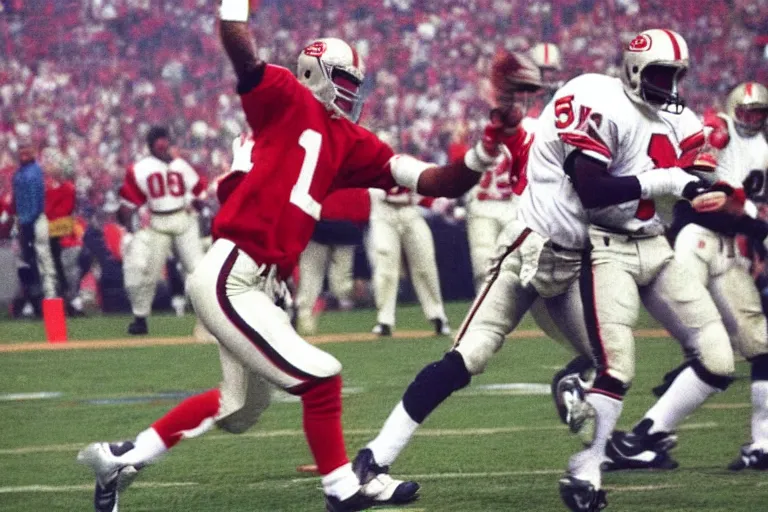 Image similar to joe montana throwing a baby for the winning touchdown superbowl 1 9 9 4