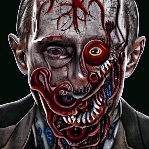 Image similar to vladimir putin became bloody ugly lovecraftian degenerate abomination, photo - realistic, color image, 2 k, highly detailed, bodyhorror, occult art