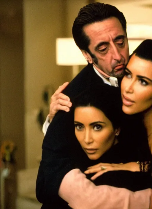 Prompt: film still of Al Pacino hugging kim kardashian in an episode of The Sopranos, 4k