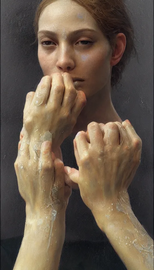 Prompt: epic masterpiece portrait of hands, drama, sweaty skin, hyperrealistic, octane render, cinematic, beautiful and flawless skin, perfect hands, 5 fingers, yellow by Edgar Maxence and Ross Tran and Michael Whelan and Lorenzo Sperlonga, Brom, Legends of Runeterra