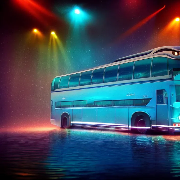 Image similar to hyper realistic, high detail photo of atlantis bus, underwater, lights on buildings, beautiful, dreary lighting