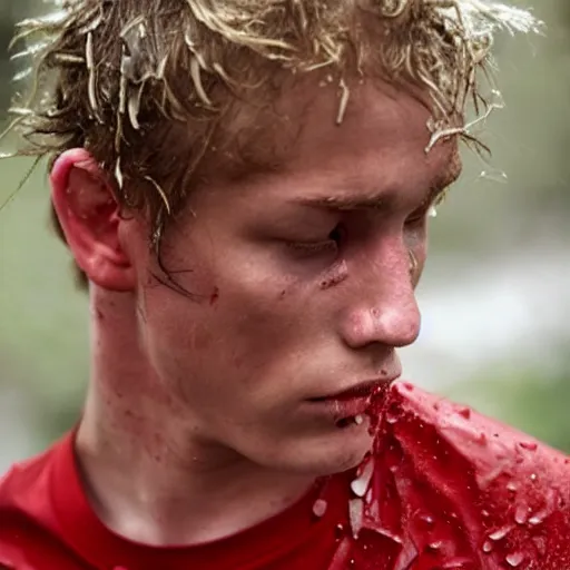 Image similar to sweaty young blond man wearing a soaked red shirt, his hair is wet and messed up, he is sad and lonely