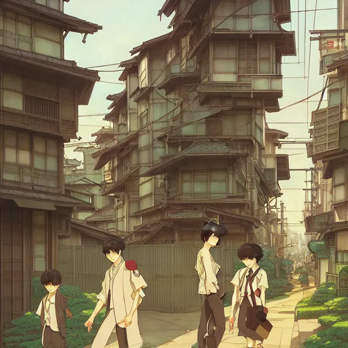 Image similar to empty tokyo neighborhood, spring, in the style of studio ghibli, j. c. leyendecker, greg rutkowski, artem