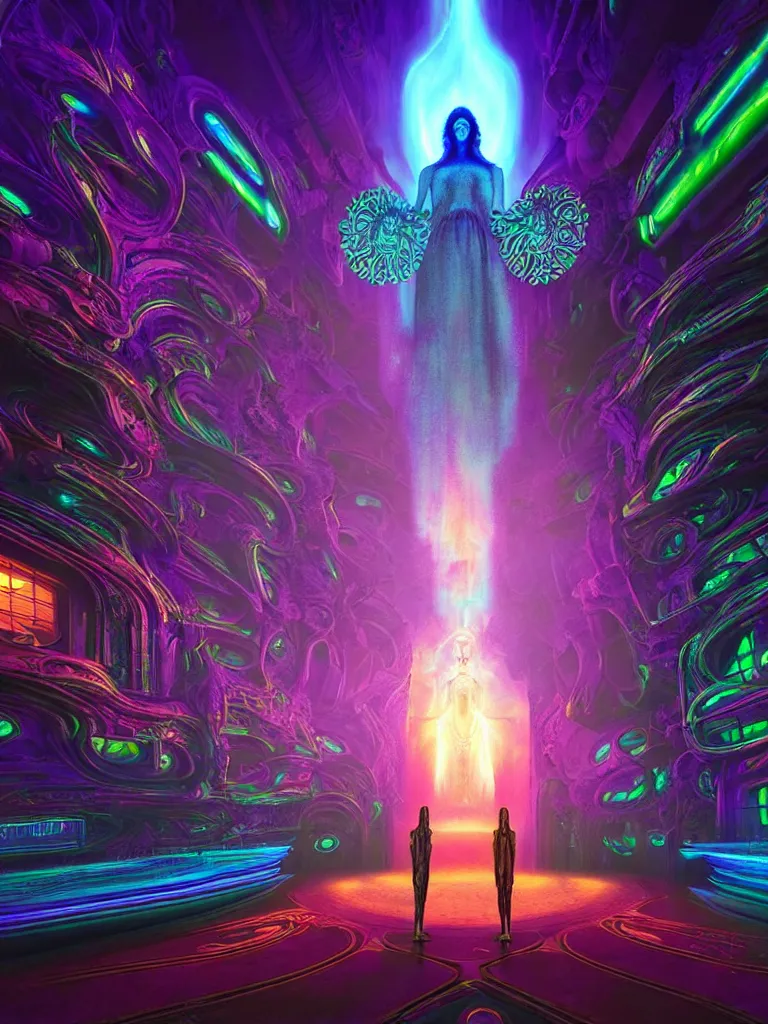 Image similar to entrance to matrix ethereal realm, shiva sentient, rendered in unreal engine, central composition, symmetrical composition, dreamy colorful cyberpunk colors, 6 point perspective, fantasy landscape with anthropomorphic terrain in the styles of igor morski, jim warren and rob gonsalves, intricate, hyperrealistic, volumetric lighting, neon ambiance, distinct horizon