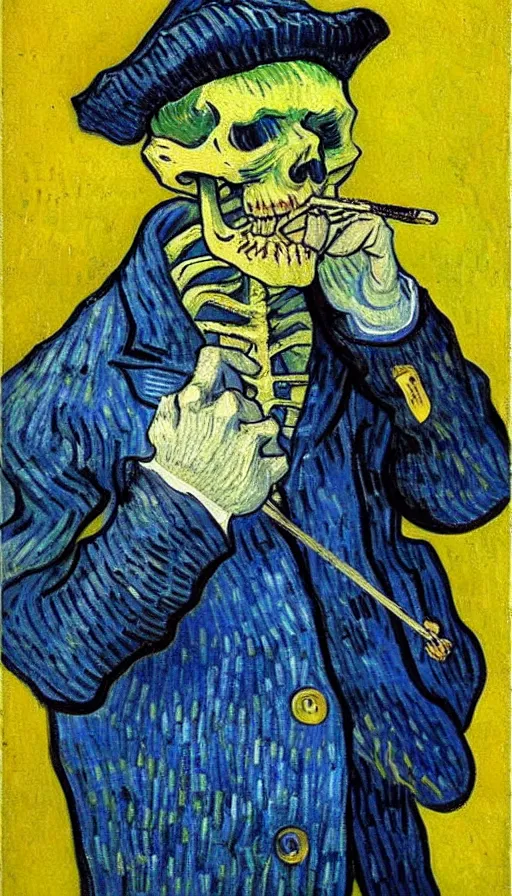 Prompt: 4k detailed painting by Van Gogh of a skeleton sailor (skeleton dressed like 19th century sailor in heavy wool coat, loose tie, shirt, and crooked crumpled hat, smoking cigarette), white and blue skeleton on a yellow background