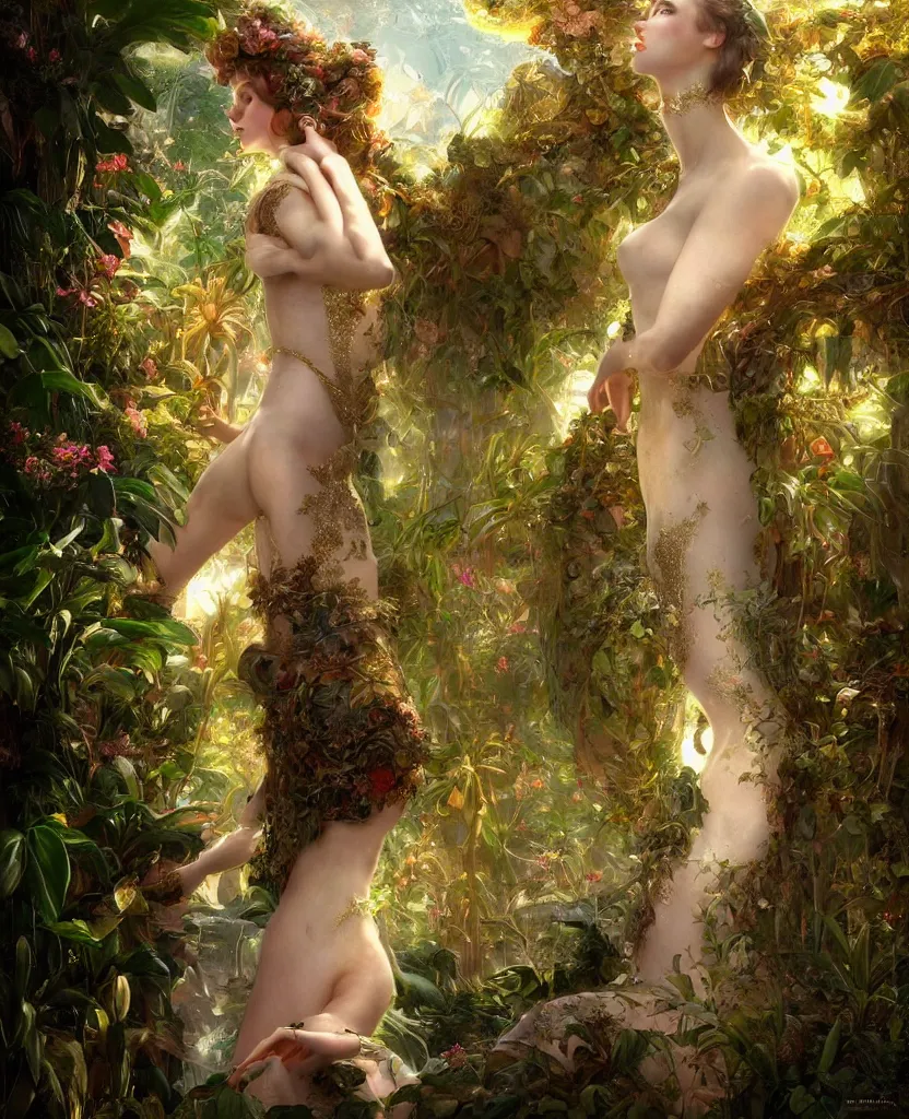 Image similar to hyper realistic photographer looking through a vintage medium format camera, magic pouring from lens, fantasy castle, full body waterfall dress, design on white background, beautiful details, lush foliage cyberpunk, gold, drawn by john singer sargent, tom bagshaw, norman rockwell, alphonso mucha, lolish, trending on artstation