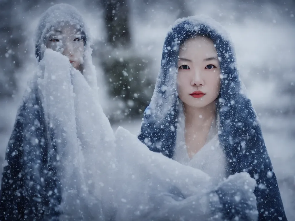 Image similar to the piercing stare of yuki onna, snowstorm, blizzard, mountain snow, canon eos r 6, bokeh, outline glow, asymmetric unnatural beauty, gentle smile, billowing cape, blue skin, centered, rule of thirds