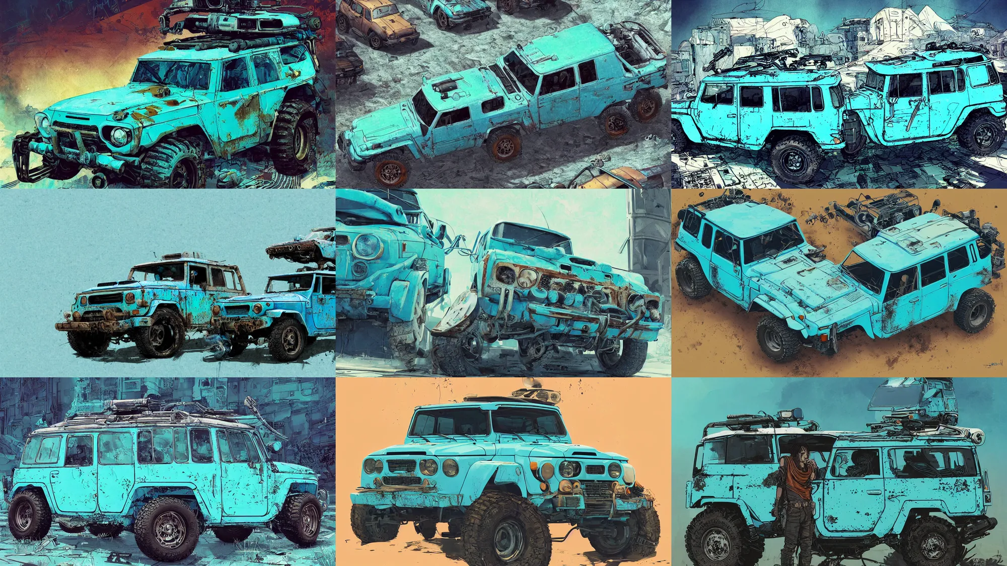 Image similar to digital illustration of a futuristic faded cyan mad max's fj 4 0 decrepit!!!! pursuit special, rusty!!! cyberpunk nissan fj cruiser heavily modded 1 9 9 0 s, the last v 8 interceptor by makoto shinkai, ilya kuvshinov, lois van baarle, rossdraws, basquiat