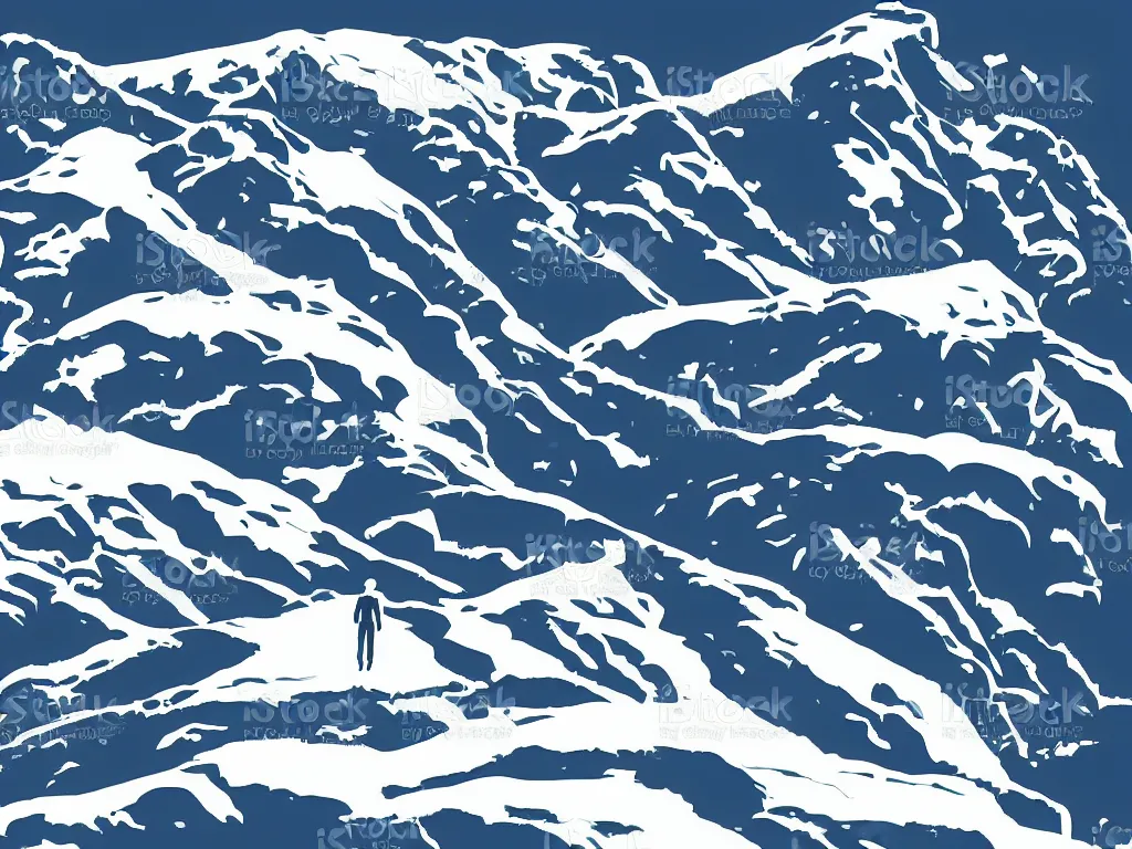 Prompt: man on snowy mountain, simple, mysterious, vector art style, in the style of bryen frost illustrations