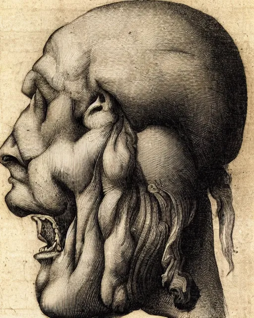 Prompt: head with two faces creature, drawn by da vinci