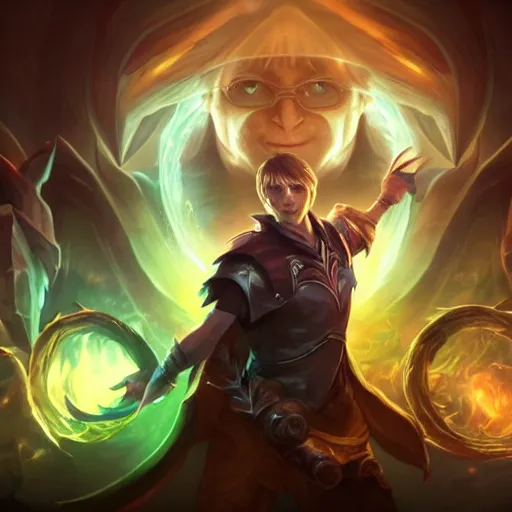 Image similar to portrait of bill gates as a spellcaster, league of legends amazing splashscreen artwork, legends of runeterra, splash art, natural light, elegant, photorealistic facial features, intricate, fantasy, detailed face, atmospheric lighting, anamorphic lens flare, cinematic lighting, league of legends splash art, hd wallpaper, ultra high details by greg rutkowski