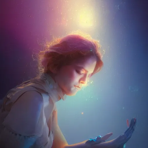 Prompt: beautiful uncertainty, sharp focus, intricate, elegant, digital painting, artstation, matte, highly detailed, concept art, illustration, volumetric lighting, gold and blue and pink color scheme, bokeh light, art by greg olsen and liz lemon swindle