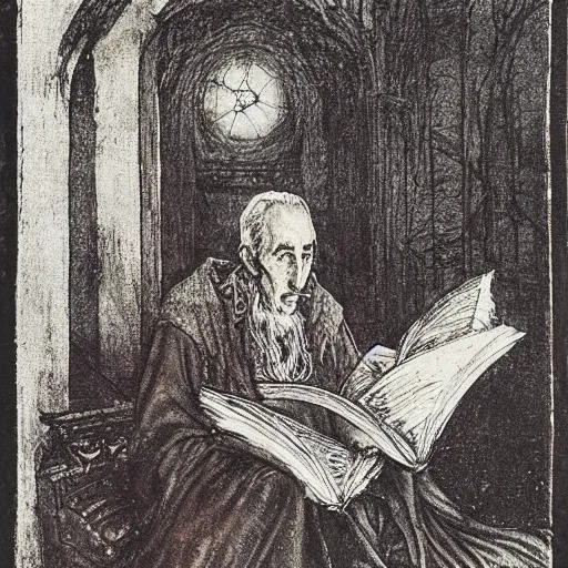 Image similar to a 1 3 th century, enigmatic, melancholic, fae wizard ( look like ( ( eighty years old christopher lee ) ), is ( ( reading an old book ) ). light dust, magnificent, hyperdetailed, theatrical, painted by arthur rackham