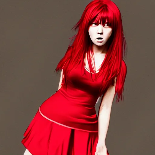 Image similar to cute anime girl with red hair, angry facial expression, in red dress