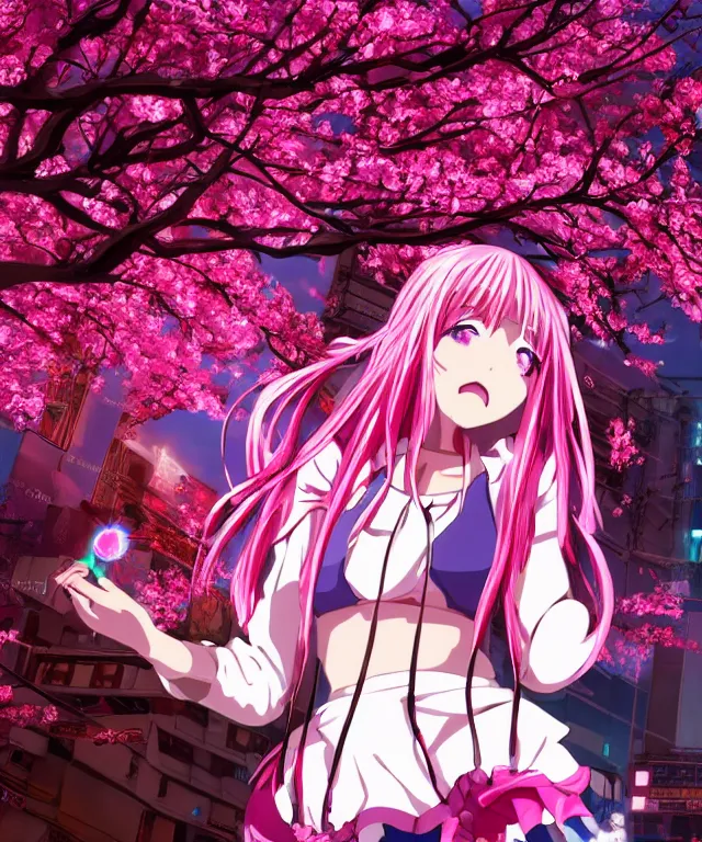 Prompt: anime girl with light pink hair with pink flames, video game, cherry blossoms, neo tokyo, symmetrical,