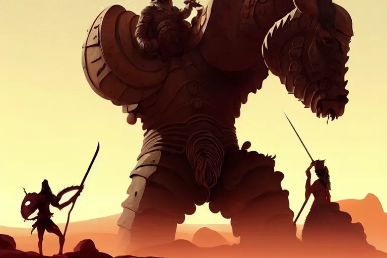 Prompt: close up picture of a big giants colossus knight, and a extremely beautiful and cute and aesthetic girl riding on that shoulder, crossing the desert, dynamic pose, highly detailed face, intricate, smooth, sharp focus, trending on artstation, art by ilya kuvshinov and anato finnstark and rembrandt and quentin mabille, fantasy illustration, epic graphic novel wallpaper