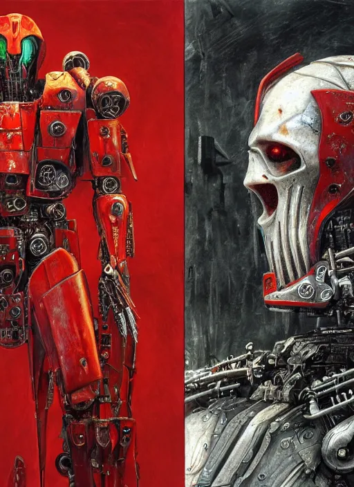 Image similar to portrait of rotten Tom Cruise as adeptus mechanicus in red hood and robe from Warhammer 40000. Highly detailed, artstation, illustration by and John Blanche and zdislav beksinski and wayne barlowe and Gustav Klimt