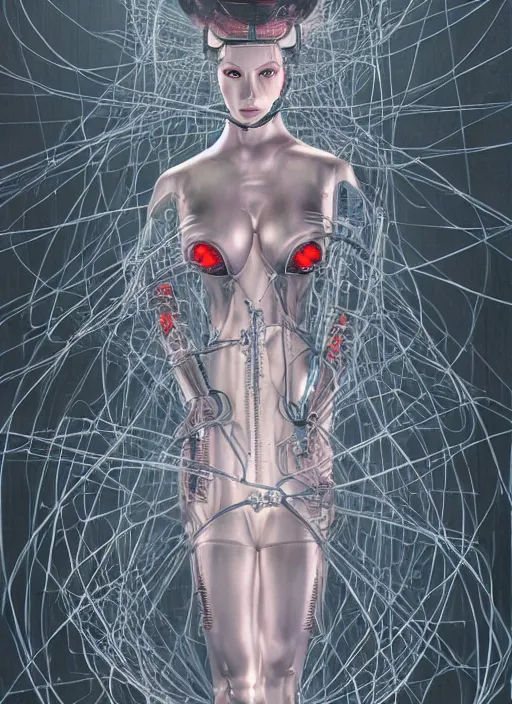 Prompt: portrait of a futuristic geisha cyborg surrounded by wire locked into the matrix, in the style of ghost, by jheronimus bosch and greg rutkowski,