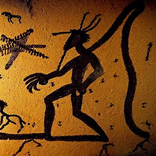 Prompt: hunting, paleolithic cave painting