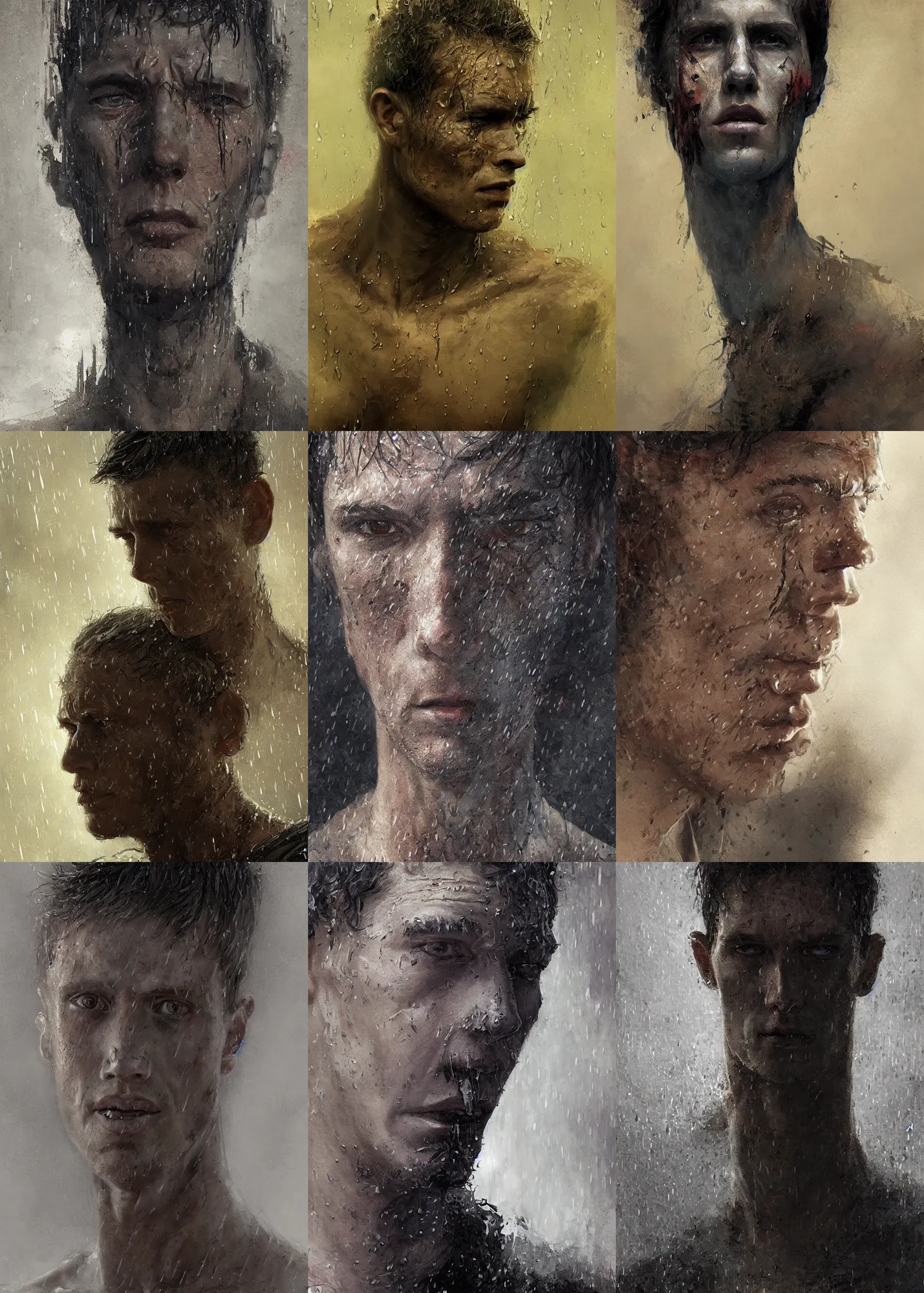 Prompt: 3 / 4 view digital art painting of a suffering devastated gaunt young man survivor from a nuclear war, walking through the rain of ashes, apocalypse, beautiful face, defined facial features, symmetrical facial features, symmetrical face, painted by craig mullins and gaston bussiere and greg rutkowski, dramatic lighting