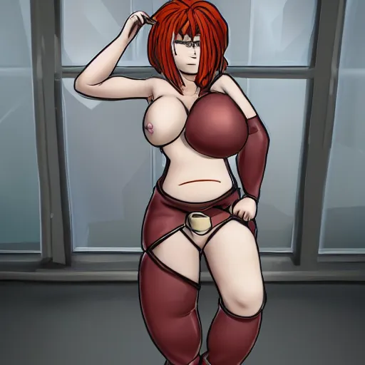 Image similar to redhead alchemist is inflated an experiment gone wrong. her clothes are stretched tightly around her body and she's about to burst. photorealistic full body image