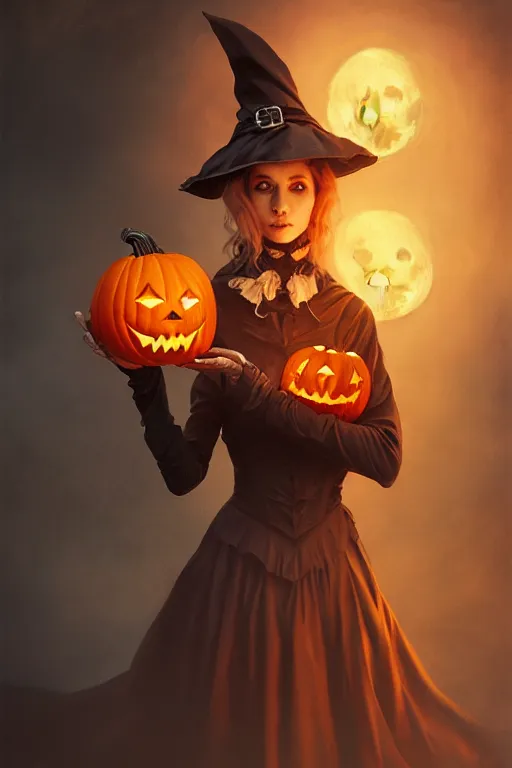 Image similar to portrait of a ghoulish victorian witch holding a jack - o - lantern, halloween night, charlie bowater, artgerm, ilya kuvshinov, krenz cushart, ruan jia, realism, ultra detailed, 8 k resolution