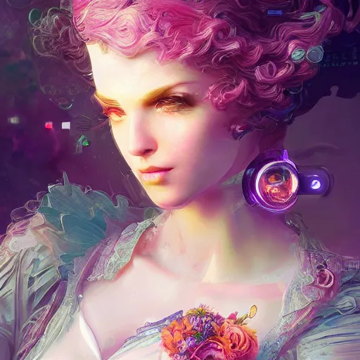 Prompt: Beautiful rococo victorian princess, cyberpunk vaporwave glitchwave art, 4k digital illustration by artgerm, wlop, Andrei Riabovitchev, Marc Simonetti, yoshitaka Amano, middle close up composition, artstation, 8k resolution, soft focus