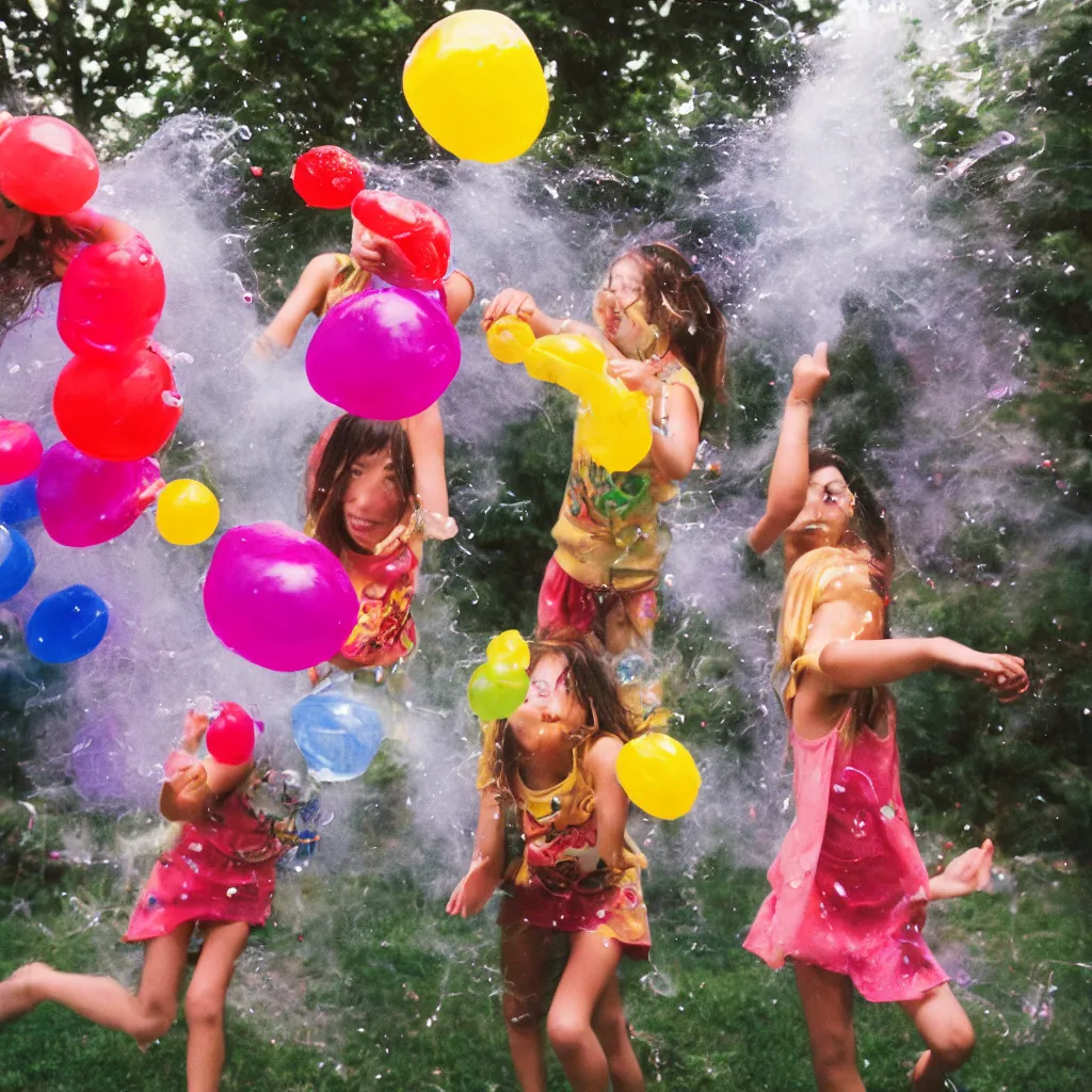 Image similar to editorial photo of two girls throwing water balloons at each other, long exposure, 15mm sigma, kodachrome